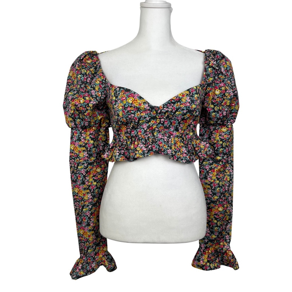 Philosophy Di Lorenzo Serafini Liberty Fabric Floral Gray Cropped Ruffle Top